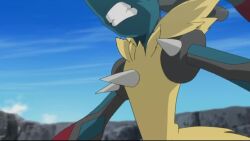 angry animal_ears animated arm_up clenched_hands colored_sclera fighting game_freak gen_3_pokemon gen_4_pokemon iwane_masaaki jumping looking_at_another lucario mabel_(pokemon) mawile mega_lucario mega_mawile mega_pokemon night night_sky nintendo pokemon pokemon_(anime) pokemon_(creature) pokemon_xy_(anime) punching red_eyes serious sharp_teeth sky tagme tail teeth video