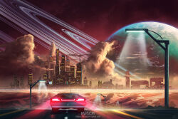 artist_logo car city city_lights cityscape cloud commentary english_commentary kvacm lamppost logo motor_vehicle night no_humans original planet planetary_ring road scenery science_fiction sky skyline star_(sky) starry_sky watermark