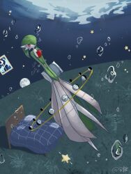 Rule 34 | air bubble, bob cut, bubble, colored skin, dress, gardevoir, gen 3 pokemon, grass, green hair, green skin, hair over one eye, highres, holding, holding pillow, inb795, multicolored skin, nintendo, pillow, pokemon, pokemon (creature), red eyes, signature, star (symbol), two-tone skin, white dress, white skin