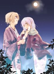 2girls blonde_hair bottle dometan0_0 glasses green_eyes grey_hair hair_ornament hair_over_one_eye hair_over_shoulder hairclip heaven_burns_red highres izumi_yuki_(heaven_burns_red) japanese_clothes kayamori_ruka kimono long_hair long_sleeves low-tied_long_hair milk_bottle moon multiple_girls night red_eyes round_eyewear short_hair sky star_(sky) starry_sky yukata yuri