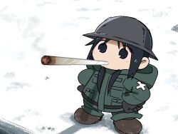 black_eyes black_hair brodie_helmet chibi chito_(shoujo_shuumatsu_ryokou) coat combat_helmet doobie_ralsei_(meme) from_above green_coat green_pants hands_on_own_hips helmet joint_(drug) large_shoes low_twintails marijuana meme military military_uniform out_of_character pants shoes shoujo_shuumatsu_ryokou smart_oval smoking snow stoned twintails