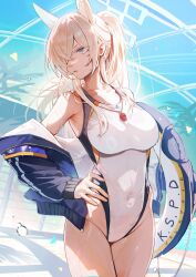 Rule 34 | 1girl, absurdres, animal ear fluff, animal ears, bare shoulders, blonde hair, blue archive, blue eyes, blue halo, breasts, commentary request, competition swimsuit, covered navel, dog ears, extra ears, gluteal fold, hair over one eye, halo, hand on own hip, high ponytail, highleg, highleg one-piece swimsuit, highres, jacket, kanna (blue archive), kanna (swimsuit) (blue archive), large breasts, lifebuoy, long hair, mayutsuba mono, official alternate costume, one-piece swimsuit, open clothes, ponytail, solo, swim ring, swimsuit, thigh gap, whistle, whistle around neck, white one-piece swimsuit