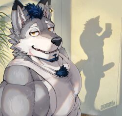 1boy bara bk_mita blue_hair chest_tuft dog_boy earrings facial_hair facial_scar furry furry_male goatee highres holding holding_phone jewelry large_pectorals large_penis large_testicles male_focus mohawk muscular muscular_male notched_ear original pectorals penis penis_shadow phone scar scar_on_cheek scar_on_face single_earring solo tank_top testicles tight_clothes white_tank_top yellow_eyes