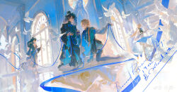 2boys absurdres arched_window bird black_boots black_gloves black_hair black_hat black_pants black_shirt black_shoes black_veil black_vest blonde_hair blue_eyes blue_ribbon boots borrowed_character cape capri_pants center_frills chinese_commentary closed_mouth cross-laced_clothes cross-laced_pants cross-laced_top different_reflection dove eye_contact falling_feathers feathers fine_art_parody fingerless_gloves frilled_shirt_collar frilled_sleeves frills full_body gloves hair_between_eyes hair_ribbon hat hei_(ying_qian) high-waist_pants highres holding holding_ribbon indoors juliet_sleeves kneeling light_particles loafers long_hair long_sleeves looking_at_another low_ponytail male_focus mini_hat mini_top_hat multiple_boys multiple_views neck_ribbon noland original outstretched_arm pants parody parted_lips pieta ponytail profile puffy_long_sleeves puffy_sleeves reflection reflective_floor ribbon shirt shoes short_hair smile socks statue thigh_boots top_hat two-sided_sleeves veil very_long_hair vest waist_cape walking watermark weibo_watermark white_cape white_pants white_socks window yellow_eyes yin_(ying_qian)