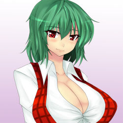 1girl ashima_takumi blush breasts cleavage female_focus gradient_background green_hair head_tilt huge_breasts kazami_yuuka plaid_clothes plaid_vest purple_background red_eyes shirt short_hair smile solo taut_clothes taut_shirt touhou upper_body vest xeqj