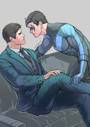 2boys artist_name bara batman_(series) black_bodysuit black_hair black_jacket black_pants black_vest blue_bodysuit bodysuit bodysuit_pull bruce_wayne closed_mouth couch dc_comics dick_grayson domino_mask evinist father_and_son formal_clothes highres incest jacket crossed_legs looking_at_another male_focus mask multiple_boys muscular muscular_male necktie nightwing on_couch open_clothes open_jacket pants shirt short_hair sitting smile taut_bodysuit taut_clothes thick_thighs thighs two-tone_bodysuit vest white_shirt yaoi