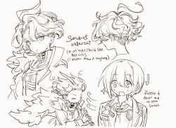 1girl ahoge blush closed_mouth coat collared_shirt don_quixote_(project_moon) greyscale highres kampuzu kyoufuu_all_back_(vocaloid) lapels limbus_company looking_at_viewer monochrome multiple_views notched_lapels open_mouth project_moon sancho_(project_moon) shirt short_hair simple_background smile undercut wavy_hair