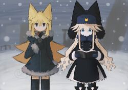 2girls absurdres animal_ears animal_hat bad_id bad_twitter_id black_coat black_hat black_thighhighs blonde_hair blue_eyes book cat_hat coat commentary cowboy_shot english_commentary facing_viewer funamusea fur-trimmed_coat fur_trim hat highres holding holding_book hood hood_down iesonatana inactive_account long_hair looking_at_viewer moge-ko mogeko_(species) mogeko_castle mogekov multiple_girls open_book outdoors parody reading shoujo_shuumatsu_ryokou snow snowing standing straight-on thighhighs very_long_hair