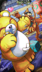 :3 animal_focus artist_request digimon digimon_(creature) etemon fangs fingernails monzaemon multiple_boys muscular numemon open_mouth sharp_fingernails sharp_teeth stuffed_animal stuffed_toy sunglasses sweat tail teddy_bear teeth veins warumonzaemon what