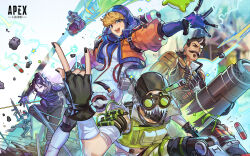 2girls 4boys \m/ absurdres animification apex_legends belt black_belt black_bodysuit black_gloves black_hair black_headwear black_nails blonde_hair blue_bodysuit blue_eyes blue_gloves bodysuit breasts cable caustic_(apex_legends) copyright_name cropped_vest cup electricity facial_hair facial_scar falling fingerless_gloves frown fuse_(apex_legends) gloves goggles grey_hair hair_behind_ear hair_bun highres holding holding_cannon holding_cup hood hood_down humanoid_robot jacket kings_canyon logo looking_at_viewer mato-c mechanical_legs medium_breasts mug multicolored_hair multiple_boys multiple_girls mustache nessie_(respawn) octane_(apex_legends) one-eyed open_hand orange_jacket pathfinder_(apex_legends) robot rock scar scar_on_cheek scar_on_face single_hair_bun soul_patch streaked_hair thermite_grenade v-shaped_eyebrows vest wattson_(apex_legends) white_bodysuit wide_hips wraith_(apex_legends)