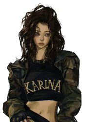 1girl aespa brown_hair closed_mouth collar_chain_(jewelry) commentary crop_top cropped_jacket earrings english_commentary fingerless_gloves gloves highres hoop_earrings jacket jewelry k-pop karina_(aespa) looking_to_the_side medium_hair navel real_life simple_background solo sum_iiart upper_body white_background