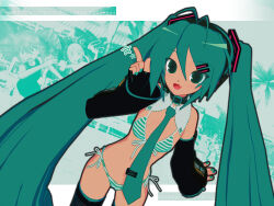 :d absurdres antenna_hair aqua_bikini aqua_eyes aqua_hair aqua_nails aqua_trim bikini black_collar black_thighhighs blush character_request collar commentary commentary_request detached_collar double-parted_bangs english_commentary hair_between_eyes hair_ornament hairclip hatsune_miku highres horizontal-striped_clothes kio_(majin_kz) looking_at_viewer necktie open_mouth side-tie_bikini_bottom smile solo_focus swimsuit thighhighs vocaloid
