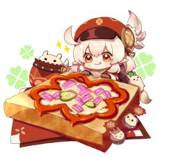 1girl :q ahoge aoyagi_(ao0701yagi) backpack bag bag_charm blonde_hair blush blush_stickers bomb bread bread_slice brown_bag brown_gloves newsboy_cap charm_(object) chibi closed_mouth clover_print coat commentary dodoco_(genshin_impact) explosive eyelashes fish-flavored_toast_(genshin_impact) food genshin_impact gloves hair_between_eyes hat hat_feather jumpy_dumpty klee_(genshin_impact) licking_lips long_sleeves low_twintails medium_hair napkin pointy_ears randoseru red_coat red_eyes red_hat sidelocks simple_background smile solo sparkle symbol-only_commentary toast tongue tongue_out twintails white_background