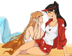 2girls black_hair blonde_hair blue_eyes blue_scales closed_eyes colored_extremities commentary english_commentary fins head_fins high_ponytail highres lifeguard long_hair mermaid monster_girl multiple_girls open_clothes open_shirt original ponytail red_shirt red_shorts seijousai shirt shorts signature tail tank_top very_long_hair visor_cap whistle whistle_around_neck white_tank_top