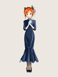 1girl a.i._voice adachi_rei black_dress black_shoes dress flat_chest full_body gloves grey_pantyhose hair_bun hair_ornament hairclip headlamp headphones headset highres long_dress looking_at_viewer microphone orange_eyes orange_hair pantyhose parted_bangs radio_antenna shoes single_hair_bun single_side_bun solo straight-on three-quarter_sleeves ukatsu_(ukatu204) utau white_gloves