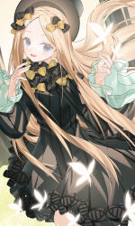 1girl abigail_williams_(fate) absurdres black_bow black_dress blonde_hair blush bow breasts bug butterfly dress fate/grand_order fate_(series) forehead highres insect long_hair long_sleeves looking_at_viewer miyu10366 open_mouth orange_bow parted_bangs small_breasts smile solo
