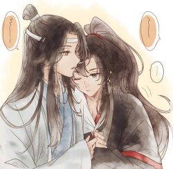 ... 2boys arm_hug black_hair black_hanfu chinese_clothes closed_mouth clothes_grab hanfu headband high_ponytail holding_another&#039;s_arm lan_wangji long_hair long_sleeves looking_at_another looking_to_the_side male_focus modao_zushi multiple_boys one_eye_closed parted_lips ponytail purple_eyes robe semiusa1010 sidelocks simple_background speech_bubble spoken_ellipsis topknot upper_body wei_wuxian white_hanfu white_headband wide_sleeves yaoi yellow_eyes