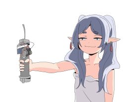 Rule 34 | 1girl, :3, black eyes, bomb, bread forbidden, bright pupils, commentary, dress, earrings, elf, english commentary, explosive, floating earrings, frieren, highres, holding, holding weapon, jewelry, jitome, left 4 dead, left 4 dead 1, long hair, meme, outstretched arm, parted bangs, pipe bomb, pointy ears, short eyebrows, smug, solo, sousou no frieren, thick eyebrows, twintails, upper body, weapon, white dress, white hair, white pupils, you can just give this kind of thing to men and they will be thrilled (meme)