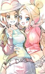 2girls belt blonde_hair blue_eyes breasts brown_hair brown_jacket crop_top forehead gradient_hair green_jacket grey_eyes harmony_(pokemon) hat highres jacket long_sleeves mismatched_eyebrows multicolored_hair multicolored_jacket multiple_girls nintendo open_clothes open_jacket pants pastel_colors pink_eyebrows pink_hair pokemon pokemon_legends:_z-a shirt short_hair shuri_(84k) taunie_(pokemon) turtleneck two-tone_hair two-tone_jacket white_hat white_shirt