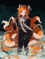 Rule 34 | 1girl, black pants, black shirt, bow, dark background, freckles, green eyes, hair bow, hairband, highres, ishmael (project moon), limbus company, long hair, nakame77, neckerchief, orange hair, pants, project moon, rope, sailor collar, sailor shirt, shirt, snagharpoon (e.g.o), solo, striped neckerchief, tentacle hair, very long hair, wading, water, white sailor collar