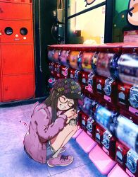 Rule 34 | 1girl, baseball cap, black hair, character charm, charm (object), closed eyes, commentary, denim, denim shorts, eighth note, gashapon, goma (gogo gowa), grin, hat, heart, highres, holding, holding toy, idolmaster, idolmaster shiny colors, jacket, long hair, mitsumine yuika, musical note, pink jacket, pink shoes, print headwear, real life insert, round eyewear, shoes, shorts, smile, sneakers, solo, squatting, toy