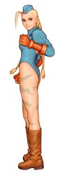 Rule 34 | 1girl, absurdres, ahoge, arm at side, armband, bare legs, beret, blonde hair, blue eyes, bodypaint, boots, braid, brown boots, cammy white, capcom vs snk, clenched hand, clenched hands, facial scar, from side, game cg, garrison cap, gloves, hand on own hip, hand up, hat, highleg, highleg leotard, highres, killer bee cammy, leotard, long hair, looking to the side, mori toshiaki, necktie, non-web source, official art, scar, scar on cheek, scar on face, short necktie, simple background, sleeved leotard, smile, solo, standing, street fighter, twin braids