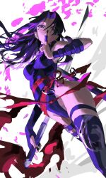 1girl black_nails boots breasts bridal_gauntlets bug butterfly covered_mouth earrings facial_mark fingernails floating_hair hair_between_eyes hand_up highres holding holding_sword holding_weapon insect jewelry katana leotard long_fingernails long_hair looking_at_viewer marvel marvel_rivals medium_breasts meltyrice nail_polish pink_butterfly psylocke psylocke_(vengeance) purple_boots purple_eyes purple_hair purple_leotard red_sash sash simple_background solo standing sword thigh_boots weapon white_background x-men
