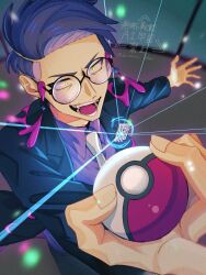 Rule 34 | 1boy, black-framed eyewear, black jacket, corbeau (pokemon), docokano akari, fang, fingernails, foreshortening, from above, glasses, glowing, highres, holding, holding poke ball, jacket, light particles, looking ahead, male focus, mega stone, necktie, nintendo, open mouth, outstretched arm, poke ball, poke ball (basic), pokemon, pokemon legends: z-a, purple shirt, round eyewear, shirt, solo, undercut, upper body, white necktie, yellow eyes