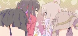 Rule 34 | 2girls, ^ ^, ahoge, all fours, black hair, black skirt, brown eyes, brown skirt, closed eyes, commentary request, facing another, from behind, good ass day, grin, hair ribbon, highres, long hair, long sleeves, looking at another, mars symbol, matado (almukha), multicolored hair, multiple girls, onii-chan wa oshimai!, oyama mahiro, oyama mihari, photo album, pink hair, pleated skirt, purple hair, purple shirt, red ribbon, red shirt, ribbon, shirt, siblings, simple background, sisters, skirt, smile, twintails, two-tone hair, venus symbol