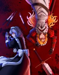 2girls absurdres adapted_costume apron armor back_bow black_dress blonde_hair blood blood_on_clothes blood_on_hands blood_splatter blue_bow bow braid dress frown gloves glowing glowing_eye glowing_eyes grey_hair highres holding holding_pocket_watch izayoi_sakuya knife long_hair looking_at_viewer lying maid maid_apron maid_headdress multiple_girls pocket_watch red_dress red_eyes short_hair skippeaccented sword torn_clothes touhou touhou_(pc-98) twin_braids waist_apron watch weapon white_bow yumeko_(touhou)