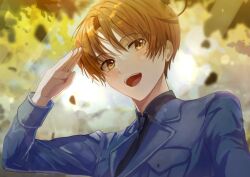 1boy :d absurdres axis_powers_hetalia black_necktie black_shirt blue_jacket blurry blurry_background blush brown_eyes brown_hair collared_shirt hand_up highres huwarinn99 jacket long_sleeves looking_at_viewer male_focus necktie northern_italy_(hetalia) open_mouth outdoors portrait salute shirt short_hair smile solo