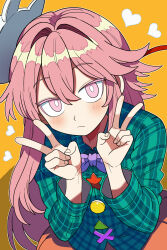 1girl blush bollzzalguy bow bowtie closed_mouth collared_shirt double-parted_bangs double_v expressionless fox_mask hair_between_eyes hashtag-only_commentary hata_no_kokoro heart highres long_hair long_sleeves looking_at_viewer mask mask_on_head orange_background orange_skirt pink_eyes pink_hair plaid_clothes plaid_shirt purple_bow purple_bowtie shirt skirt solo touhou upper_body v very_long_hair