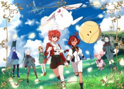6+girls afro_puffs aqua_eyes asticassia_school_uniform black_hairband blonde_hair blue_eyes blue_hair blue_hairband blue_sky braid chuatury_panlunch cloud cloudy_sky commentary_request crossover falling_petals glasses gundam gundam_suisei_no_majo hairband haro highres holding_hands hououji_fuu ienosuke_(mr1058) long_hair low-tied_long_hair low_ponytail magic_knight_rayearth miorine_rembran mokona multiple_girls nika_nanaura on_grass pantyhose petals pink_hair ponytail red_eyes red_hair robot running ryuuzaki_umi school_uniform shidou_hikaru short_hair sky smile suletta_mercury white_hair