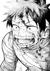 Rule 34 | 1boy, absurdres, bandages, commentary, crying, crying with eyes open, greyscale, highres, injury, male focus, monkey d. luffy, monochrome, one piece, open mouth, runny nose, snot, solo, tears, upper body, v-shaped eyebrows, yotsumi shiro