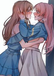 2girls absurdres after_kiss bang_dream! bang_dream!_it&#039;s_mygo!!!!! blue_dress blue_eyes blue_jacket blush brown_hair chihaya_anon chinese_commentary commentary_request cropped_jacket dress earrings fang grey_eyes hand_under_clothes hero45439083942 highres jacket jewelry light_particles long_hair multiple_girls nagasaki_soyo open_mouth pink_hair sidelocks skirt sweat white_skirt yuri