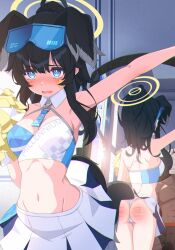 1boy 1girl absurdres animal_ears arm_up doodle_sensei_(blue_archive) ass black_hair blue_archive blue_eyes blush breasts cheerleader crop_top dark-skinned_male dark_skin dog_ears dog_girl dog_tail goggles goggles_on_head halo hibiki_(blue_archive) hibiki_(cheer_squad)_(blue_archive) highres holding holding_pom_poms long_hair medium_breasts navel open_mouth pom_pom_(cheerleading) pom_poms sando_(dukedevil) sensei_(blue_archive) skirt star_sticker sticker_on_face stomach tail tearing_up thigh_gap whip whip_marks white_skirt