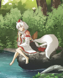 1girl animal_ear_fluff animal_ears barefoot bush chewing commentary_request cropped day detached_sleeves eating food forest from_side hand_up hat holding holding_food inubashiri_momiji looking_ahead moss nature oubachiago pom_pom_(clothes) procreate_(medium) river rock sandals scenery sheath short_hair sitting solo tail toes tokin_hat touhou tree turtleneck unworn_sandals water white_hair wolf_ears wolf_girl wolf_tail