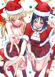&gt;_&lt; 2girls bare_arms bare_legs bare_shoulders black_hair blonde_hair blush breasts capelet christmas cleavage closed_eyes coat double_v dress grin gyaru_v hand_up hat high_heels highres jumping kitahara_aoba kusunoki_aroma large_breasts long_hair medium_hair multiple_girls outstretched_arm outstretched_arms overcoat red_capelet red_dress red_footwear santa_capelet santa_costume santa_dress santa_hat sawaranaide_kotesashi-kun shinjou_takuya smile strapless strapless_dress twintails v wispy_bangs
