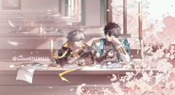 Rule 34 | 2boys, ahoge, antenna hair, artist name, black coat, black gloves, black hair, black shirt, blurry, blurry background, blush, book, book stack, branch, caelus (honkai: star rail), cherry blossoms, classroom, closed mouth, coat, collarbone, commentary request, dan heng (honkai: star rail), dan heng (hunt) (honkai: star rail), earrings, elbow rest, eyeliner, falling petals, fingerless gloves, flower, gaber473159611, gloves, green eyes, grey hair, grin, hair between eyes, hand up, head rest, highres, holding, holding scissors, honkai: star rail, honkai (series), hood, hood down, hooded coat, indoors, jewelry, light particles, long sleeves, looking at another, looking to the side, makeup, male focus, mechanical pencil, multiple boys, open book, open clothes, open coat, origami bird (honkai: star rail), paper, pencil, petals, picture frame, pink flower, red eyeliner, ribbon, ruler, scissors, shirt, short hair, single glove, sitting, smile, table, teeth, trailblazer (honkai: star rail), twitter username, white coat, white shirt, window, yellow eyes, yellow ribbon