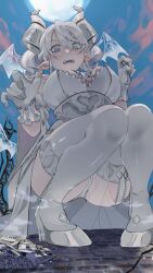 1girl breasts cleavage country_takeuchi demon_girl demon_horns demon_wings dress drill_hair duel_monster garter_straps gloves grey_eyes highres horns large_breasts lovely_labrynth_of_the_silver_castle low_wings pointy_ears solo twin_drills twintails white_dress white_hair white_horns wings yu-gi-oh!