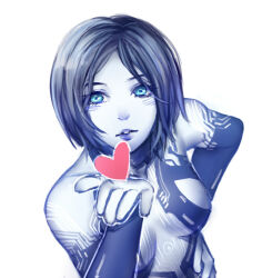 1girl animification blowing_kiss blue_eyes blue_hair blue_lips blue_skin colored_skin commentary cortana halo_(series) halo_4 heart looking_at_viewer open_hand parted_lips simple_background sky_kiki solo symbol-only_commentary white_background