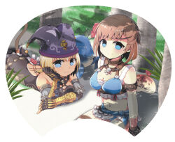 2girls armband bare_shoulders bikini black_gloves blonde_hair blue_bikini blue_eyes breasts brown_armband brown_choker brown_hair cat_girl cat_tail choker circlet cleavage closed_mouth crab elbow_gloves final_fantasy final_fantasy_xi fingerless_gloves flower gloves grass hair_flower hair_ornament halterneck hat hume jester_cap leather leather_choker leech looking_at_viewer lying medium_breasts mithra_(ff11) multiple_girls mumor navel ntapopo on_stomach purple_headwear red_flower sand short_hair sitting split_mouth swimsuit tail tail_raised thigh_strap tree uka_totlihn wristband