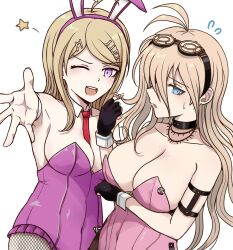 2girls ahoge akamatsu_kaede animal_ear_hairband animal_ears antenna_hair barbed_wire black_choker blonde_hair blue_eyes blush breasts choker cleavage collarbone commentary covered_navel danganronpa_(series) danganronpa_v3:_killing_harmony detached_collar eyelashes fake_animal_ears fingerless_gloves fishnet_pantyhose fishnets gloves goggles goggles_on_head hair_between_eyes hairband highres iruma_miu kmnm_1403 large_breasts leotard long_hair looking_at_viewer multiple_girls necktie one_eye_closed open_mouth pantyhose pink_leotard playboy_bunny playing_with_own_hair purple_eyes rabbit_ear_hairband rabbit_ears reaching reaching_towards_viewer short_necktie simple_background smile star_(symbol) sweatdrop upper_body very_long_hair wavy_hair white_background