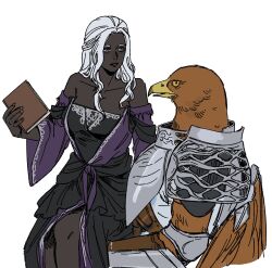 1boy 1girl armor bare_shoulders bird_boy black_dress black_skin book breastplate chocytd colored_skin crossed_legs curtained_hair dress elden_ring elden_ring_nightreign feathered_wings feet_out_of_frame from_side grey_eyes guardian_(elden_ring) highres holding holding_book long_hair looking_at_another purple_sleeves recluse_(elden_ring) sitting upper_body white_background white_hair wide_sleeves wings witch yellow_eyes