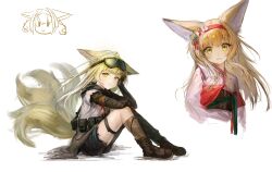 1girl :d animal_ears ankle_boots arknights black_shorts blonde_hair boots brown_boots brown_gloves chinese_commentary commentary_request elbow_gloves gloves goggles goggles_on_head hair_ornament hairband head_rest highres japanese_clothes kimono long_hair looking_at_viewer multiple_tails multiple_views open_mouth parted_lips pink_kimono red_hairband short_shorts shorts simple_background sitting smile suzuran_(arknights) suzuran_(lostlands_flowering)_(arknights) suzuran_(yukibare)_(arknights) tail thigh_strap torn_clothes torn_shorts white_background wo_yao_dang_xiongmao yellow_eyes
