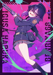 1girl bag bag_charm black_boots blue_archive boots buttons character_name charm_(object) claymore_(mine) commentary double-breasted english_commentary explosive fabarm_fp6 foot_out_of_frame garrison_cap gun hair_between_eyes halo haruka_(blue_archive) hat highres holding holding_gun holding_weapon hoyhoy_colo juliet_sleeves knee_boots long_sleeves looking_at_viewer mine_(weapon) open_mouth pleated_skirt puffy_sleeves pump_action purple_background purple_eyes purple_hair purple_halo shotgun shotgun_shell simple_background skirt smile solo weapon