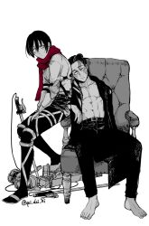 1boy 1girl abs barefoot black_hair black_jacket black_pants breasts chair eren_yeager facial_mark facial_scar full_body hair_between_eyes hair_bun highres jacket light_blush looking_at_another medium_breasts medium_hair mikasa_ackerman open_clothes open_jacket pants pectorals qui_dui_zi red_scarf scar scar_on_cheek scar_on_face scarf shingeki_no_kyojin shirt short_hair sitting spot_color sweatdrop three-dimensional_maneuver_gear twitter_username weapon white_background white_shirt