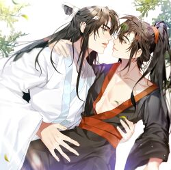 Rule 34 | 2boys, bishounen, black hair, black hanfu, chinese clothes, closed mouth, collarbone, couple, eye contact, face-to-face, falling leaves, hair tie, hand on another&#039;s shoulder, hand on another&#039;s waist, hanfu, headband, high ponytail, highres, hug, imminent kiss, jujeop, lan wangji, leaf, long hair, long sleeves, looking at another, male focus, modao zushi, multiple boys, parted lips, pectoral cleavage, pectorals, ponytail, profile, red eyes, red sash, robe, sash, sidelocks, sitting, smile, sunlight, topknot, water drop, wei wuxian, white hanfu, white headband, wide sleeves, xiao guan (headdress), yaoi, yellow eyes