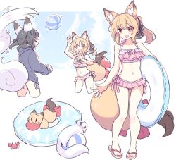 2girls animal_ear_fluff animal_ears animalization ball beachball bikini black_hair black_ribbon blonde_hair bow crab fox fox_ears fox_girl fox_tail frilled_bikini frills full_body hair_ribbon holding holding_swim_ring innertube multiple_girls multiple_views navel open_mouth original person_and_animalization pink_bikini ponytail red_bow red_eyes ribbon sandals simple_background smile suzuno_(suzuno3110) swim_ring swimsuit tail tail_bow tail_ornament twintails white_background yellow_eyes