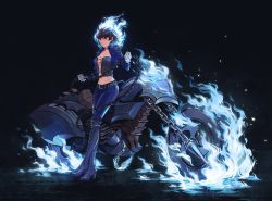 1girl belt biker_clothes blue_fire braid breasts brown_hair bustier chain crop_top crown_braid fiery_hair fire fusion ghost_rider ghost_rider_(series) gloves highres joanna_(persona_5) knee_spikes lace large_breasts marvel motor_vehicle motorcycle niijima_makoto pants persona persona_5 sarcii short_hair shoulder_pads shoulder_spikes smile spikes standing white_gloves